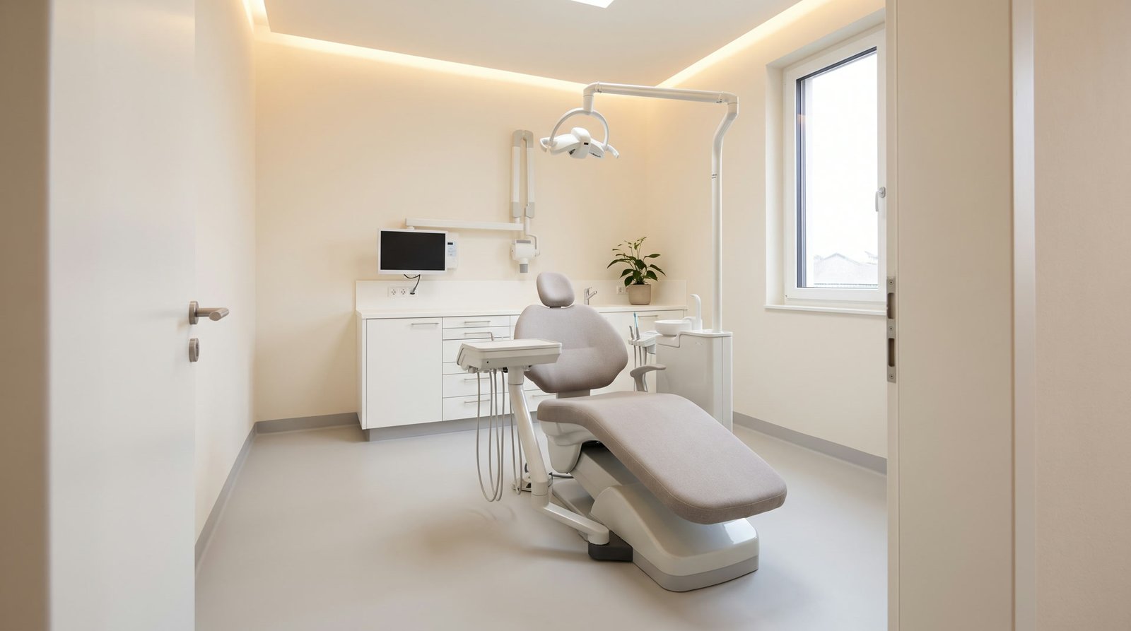 Fertiges Behandlungszimmer einer Zahnarztpraxis mit Behandlungseinheit, OP-Leuchte, Unterschrankzeile, fugenlosem Hygieneboden und indirekter Deckenbeleuchtung